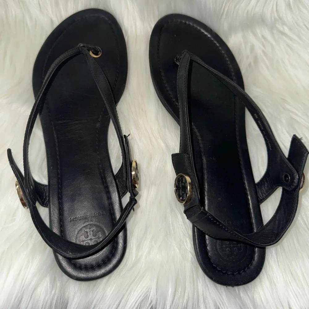 Tory Burch Veg Leather Black Minnie Travel Sandals Flats Womens Shoes 8M